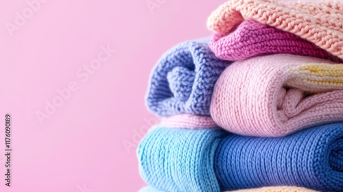 A stack of cozy knitted sweaters in pastel colors against a pink background.