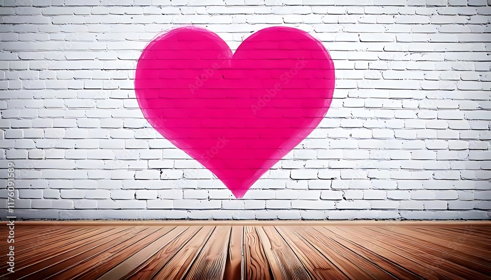 vibrant pink heart is painted on a white brick wall above a wooden floor. vibrant pink heart is painted on a white brick wall above a wooden floor.