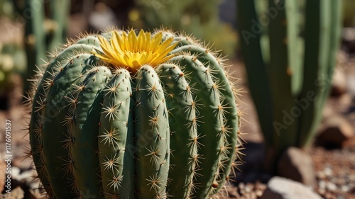 Close-up of a blooming globe cactus with a vibrant yellow flower. photo