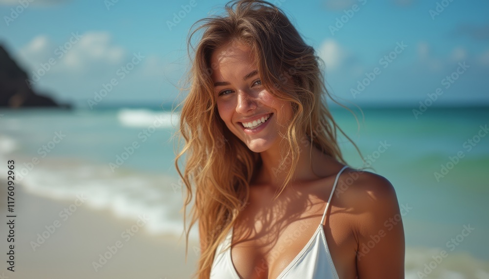 A beautiful young woman with flowing blonde hair smiles joyfully against a stunning beach backdrop. The image captures the essence of summer bliss, with the sun glistening on the turquoise waves and A beautiful young woman with flowing blonde hair smiles joyfully against a stunning beach backdrop. The image captures the essence of summer bliss, with the sun glistening on the turquoise waves and