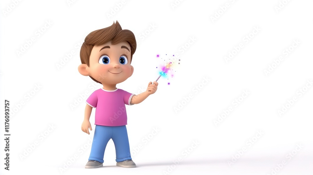 Cartoon little boy holding a magic wand with a cute and adorable appearance depicting a child's extraordinary imagination shown on a white background Cartoon little boy holding a magic wand with a cute and adorable appearance depicting a child's extraordinary imagination shown on a white background