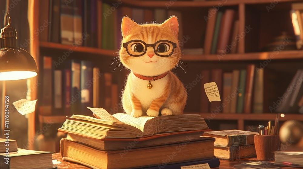 A charming cat with glasses perched on top of a book, surrounded by books and cozy study materials, adding personality to a study nook. A charming cat with glasses perched on top of a book, surrounded by books and cozy study materials, adding personality to a study nook.
