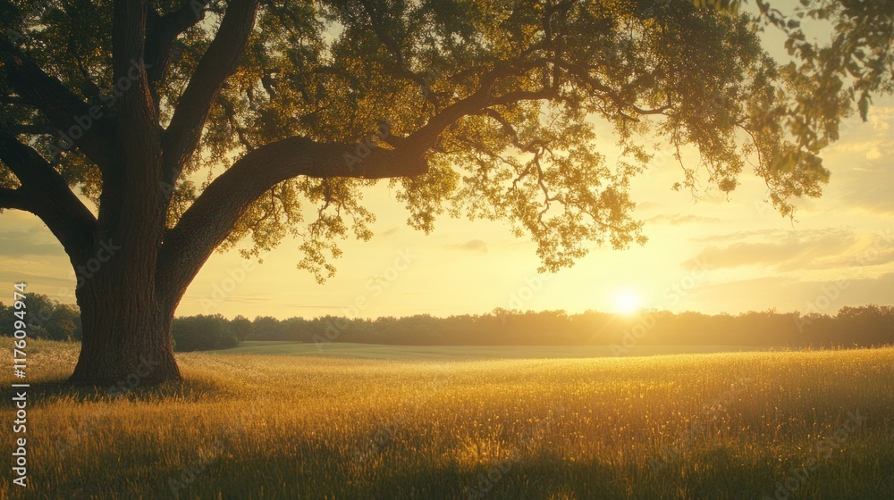 A majestic oak tree with sprawling branches in a golden sunset, lush green leaves, peaceful field A majestic oak tree with sprawling branches in a golden sunset, lush green leaves, peaceful field