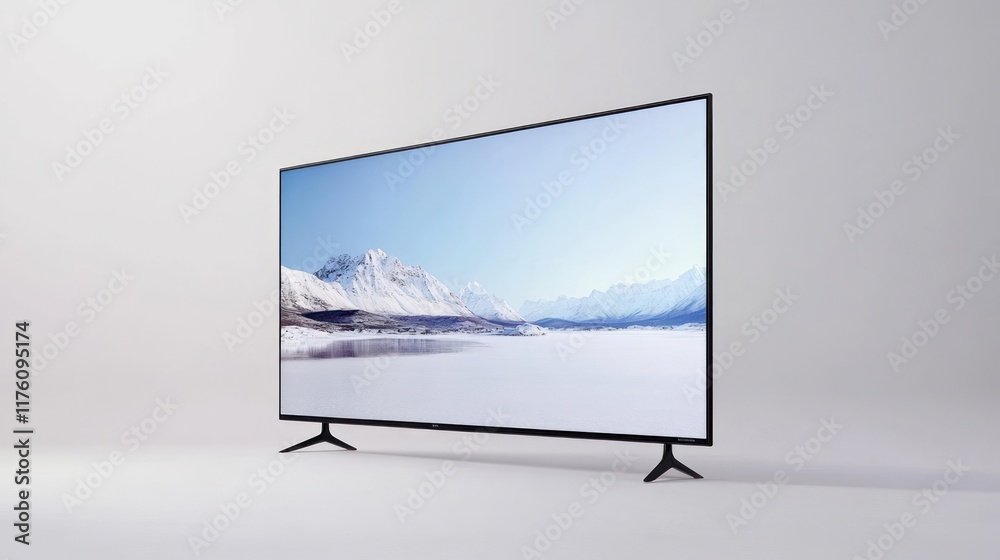Fototapeta premium A sleek television displaying a serene mountain landscape.