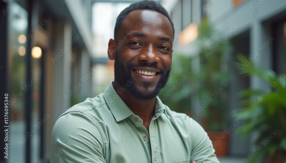 A cheerful Black man with a well-groomed beard stands confidently in a contemporary indoor space filled with greenery. His warm smile radiates positivity, making the atmosphere feel inviting and A cheerful Black man with a well-groomed beard stands confidently in a contemporary indoor space filled with greenery. His warm smile radiates positivity, making the atmosphere feel inviting and