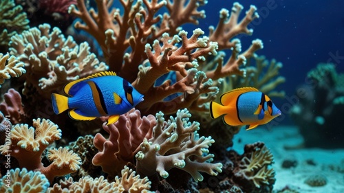 Two colorful fish swimming amongst vibrant coral reefs in an aquarium.