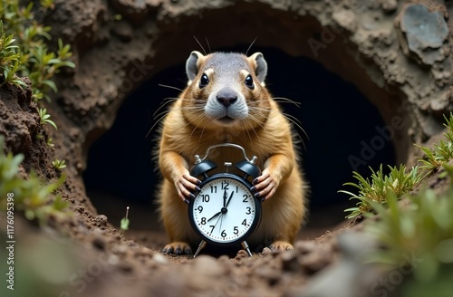 The marmot, waking up, climbed out of the hole, holding the alarm clock in its paws