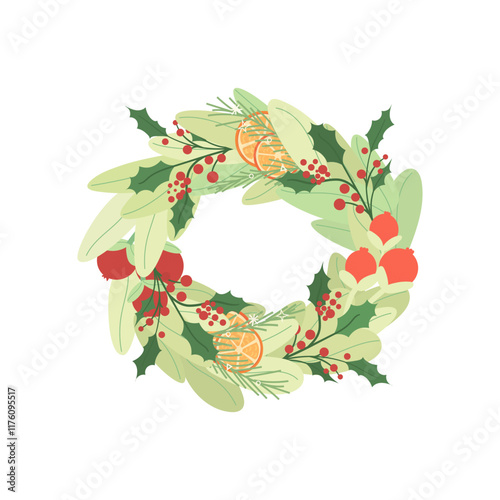 Festive Christmas wreath. Round frame made of conifer branches decorated with cones, artificial red berries and oranges. Wreath isolated on white background. Vector illustration
