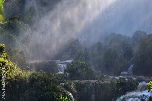 Under waterfall rain