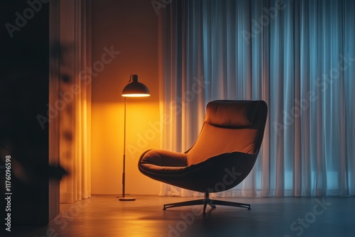 Cozy modern living room with stylish armchair and warm lighting creating a serene atmosphere, perfect for relaxation and reading in a contemporary home environment