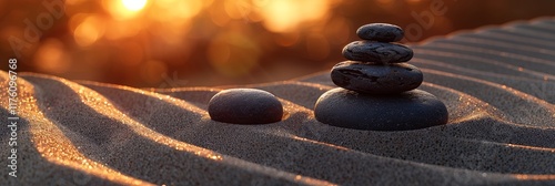 Panel kuchenny z motywem Pebble beach sunset. Blur background. Stack of smooth grey zen stones. Relaxation, balance, harmony.
