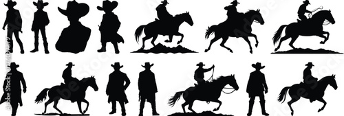 Cowboy silhouettes set, western pack of vector silhouette design, isolated background