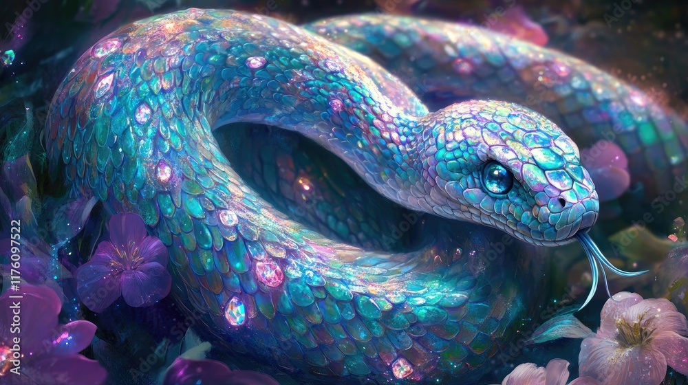 A fantasy scene featuring an iridescent snake coiled gracefully, its pearlescent scales shimmering and adorned with gem-like details.