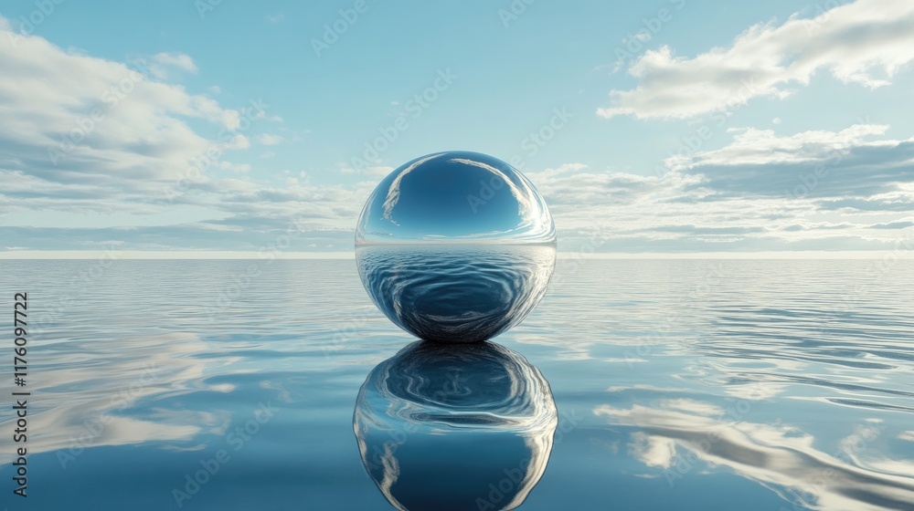 A futuristic liquid metal sphere floating on calm water, reflecting the blue sky above, creating a striking, otherworldly scene.