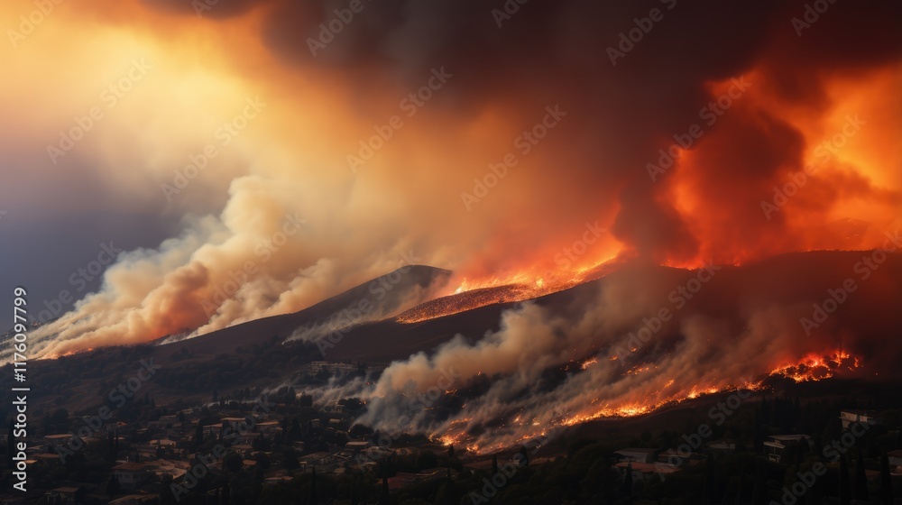 Fototapeta premium Volcanic Eruption Unleashes Devastating Flames and Smoke in Cautionary Landscape
