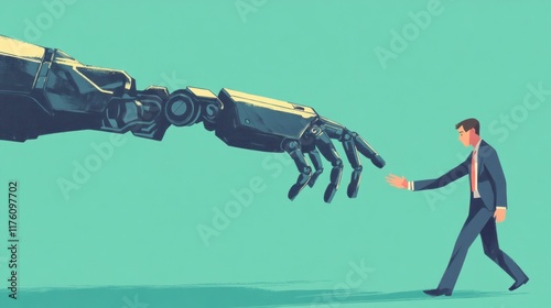 AI robot extending its hand to help and support human work, with human character wearing business attire holding head with confused expression