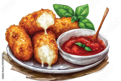 Baked Mozzarella Sticks with Marinara isolated illustration