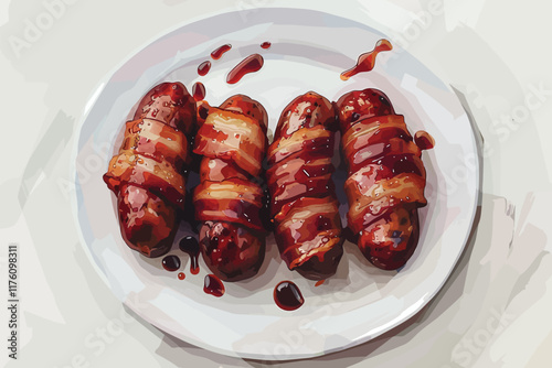 Crisp Bacon-Wrapped Sausages on White Plate isolated illustration