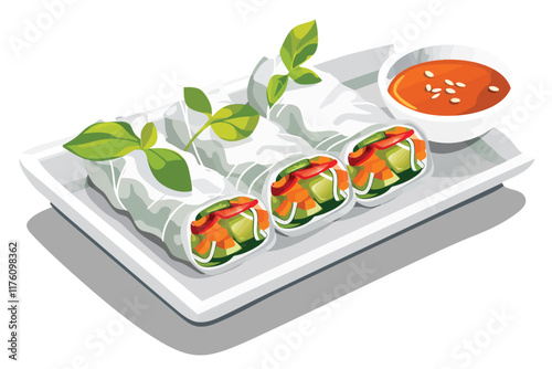 Crisp Veggie Spring Rolls with Peanut Sauce isolated illustration