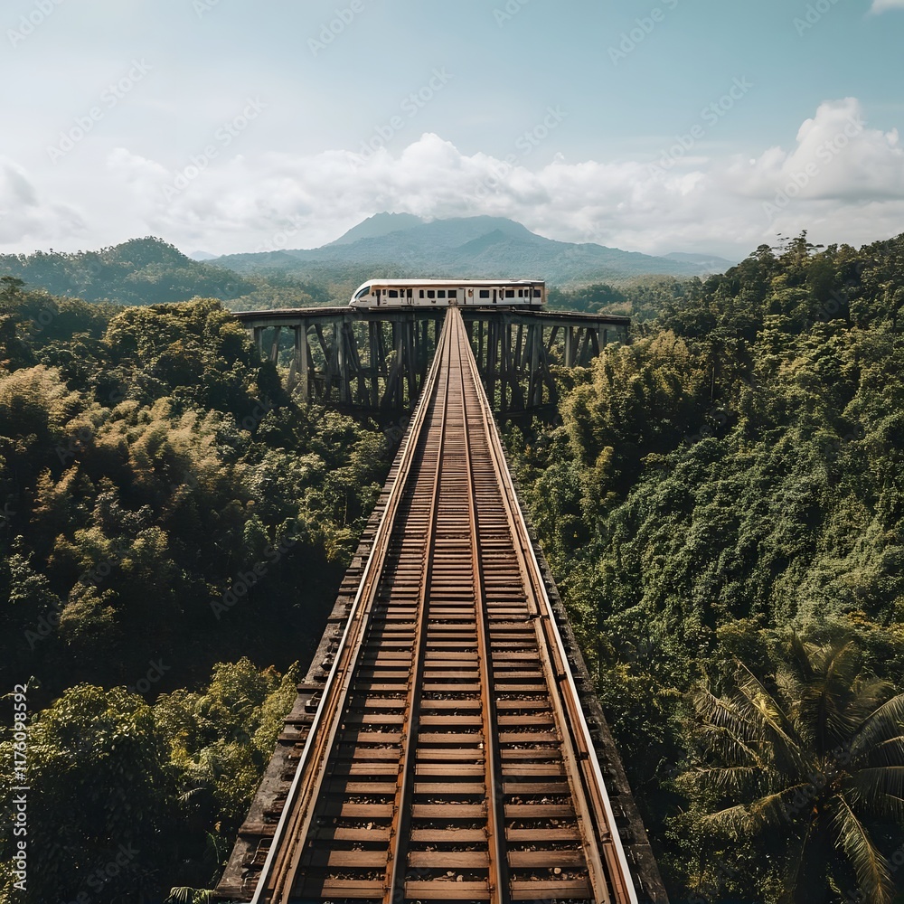 Obraz premium A train crosses a bridge surrounded by lush greenery and mountains under a clear sky.