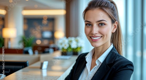 Attractive smiling elegant woman at the reception, front desk or at the office, with elegant outfit and professional attire