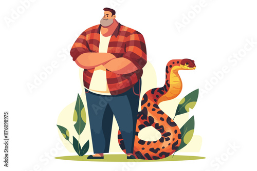 overweight man with snake isolated illustration