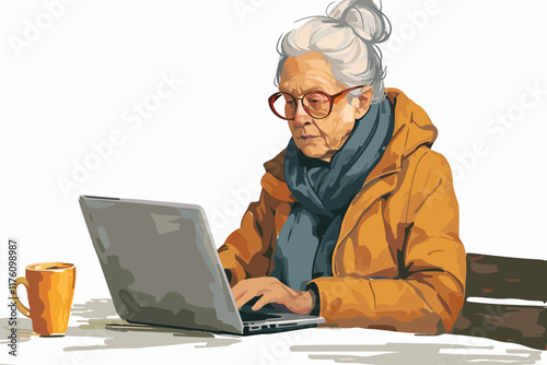 old woman working on laptop in cafe isolated illustration