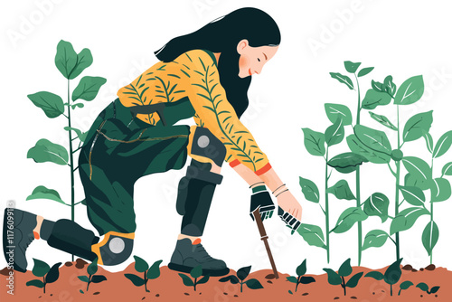 person with prosthetic leg working in garden isolated illustration