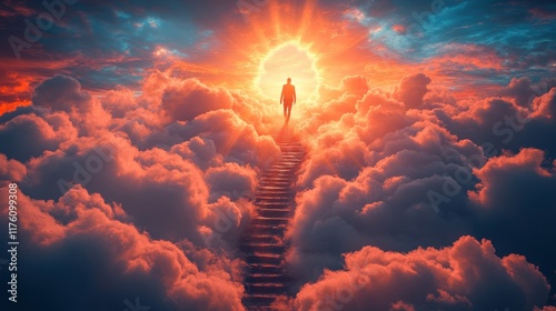 Silhouette of a person ascending a stairway to heaven amidst vibrant clouds and a radiant sun. photo