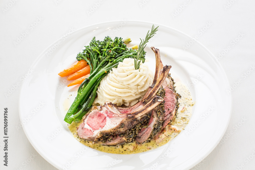A plate of lamb chops with mashed potatoes and vegetables A plate of lamb chops with mashed potatoes and vegetables