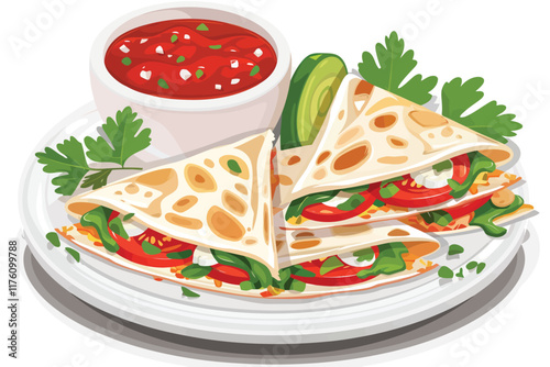 Veggie Quesadillas with Salsa isolated illustration