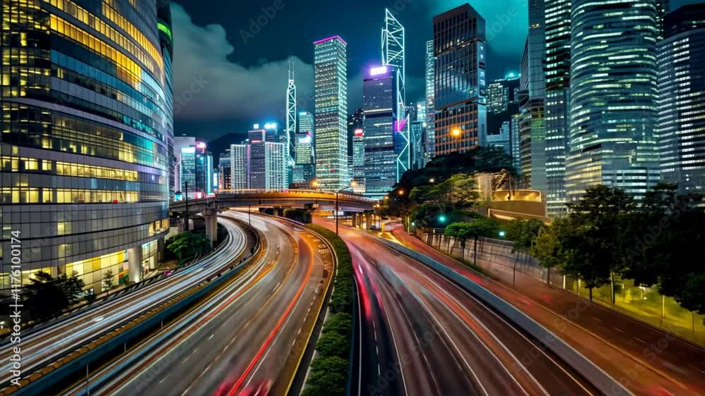 Vibrant cityscape at night with illuminated skyscrapers, modern architecture, and dynamic urban energy from busy highways and traffic lights. Vibrant cityscape at night with illuminated skyscrapers, modern architecture, and dynamic urban energy from busy highways and traffic lights.