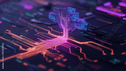 Glowing neural circuit tree on futuristic processor, Advanced artificial intelligence technology concept