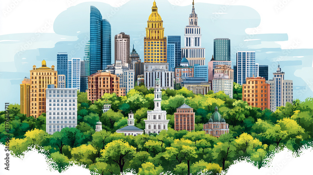 Obraz premium Cityscape Vibrant Metropolis Emerging from Lush Greenery