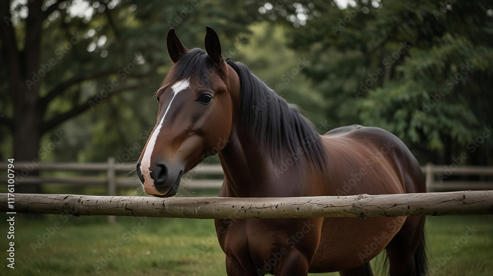 Obraz premium Portrait of a majestic brown horse on the pasture. Equine beauty in the countryside