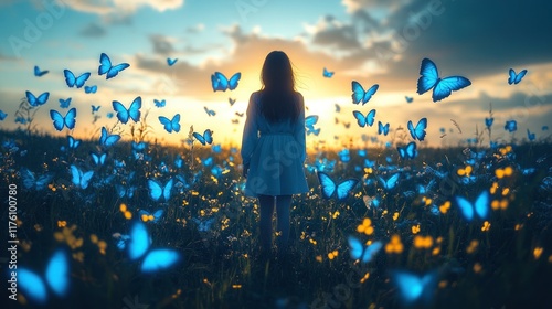 Silhouetted woman in field of glowing blue butterflies at sunset.