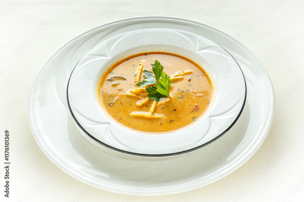 A bowl of soup with a green herb garnish on top A bowl of soup with a green herb garnish on top