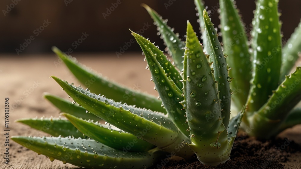 Close-up of aloe vera plant with water droplets. (2) Close-up of aloe vera plant with water droplets. (2)