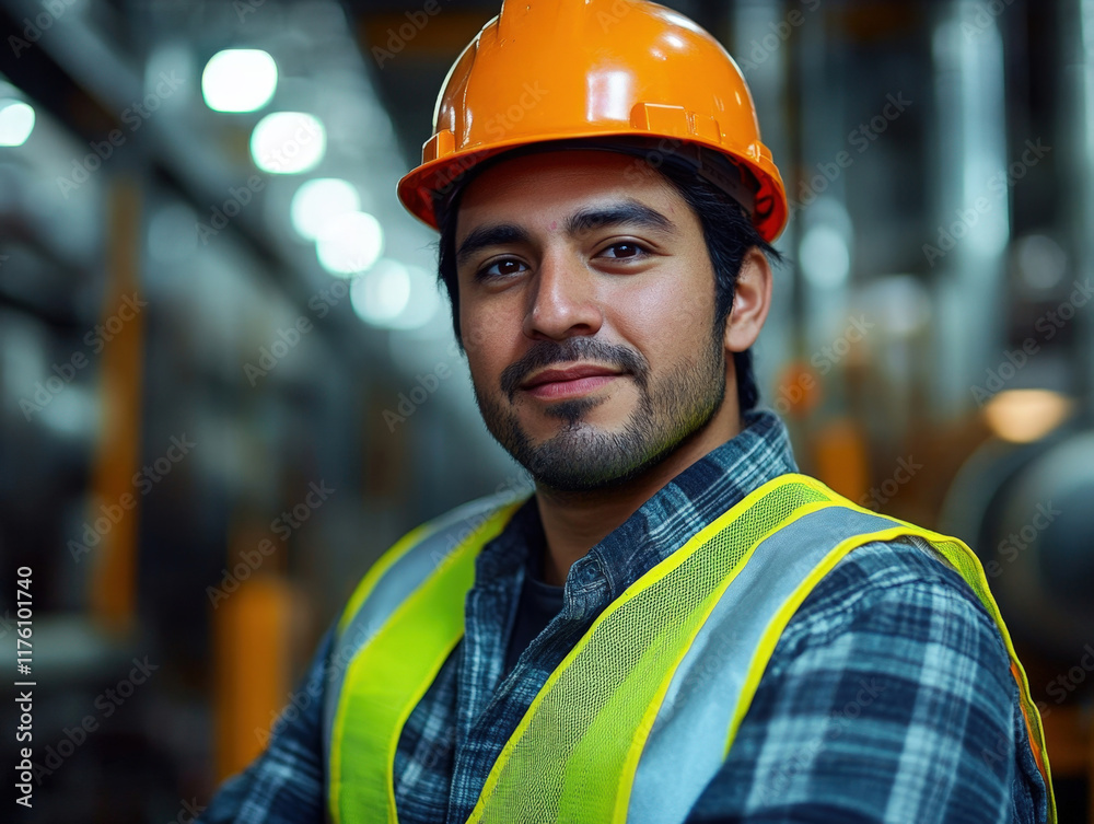 Construction worker wearing a safety helmet and reflective vest poses confidently in an industrial setting during daytime hours while working on a project Construction worker wearing a safety helmet and reflective vest poses confidently in an industrial setting during daytime hours while working on a project