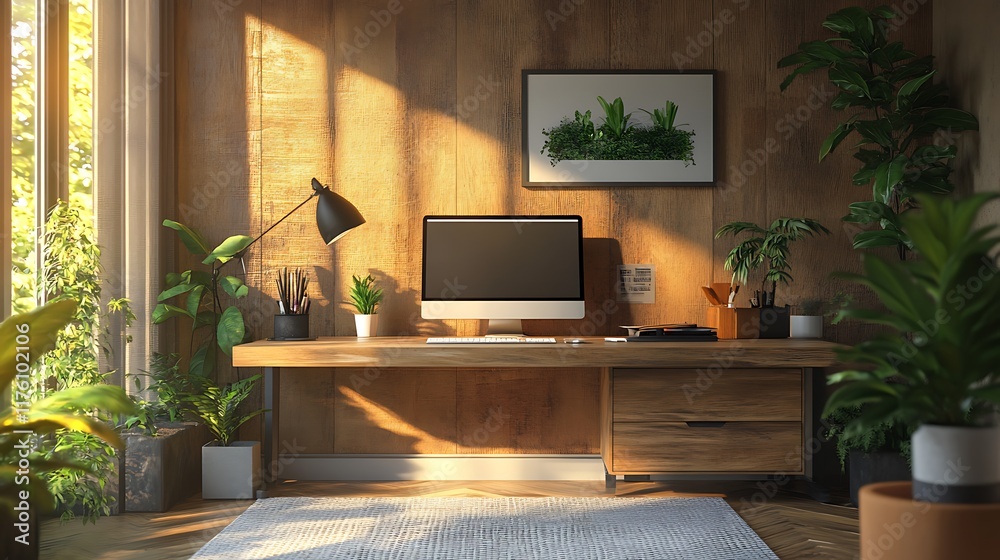Fototapeta premium Home office setup with natural light modern design cozy atmosphere