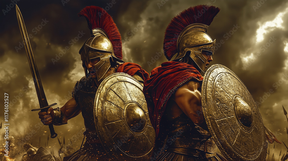 Epic depiction of two ancient greek warriors in battle gear, holding shields and swords, set against a dramatic sky background