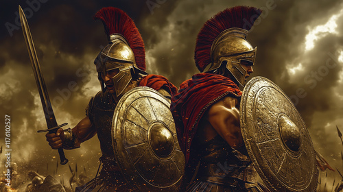 Obraz na płótnie Epic depiction of two ancient greek warriors in battle gear, holding shields and swords, set against a dramatic sky background w salonie