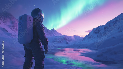 A breathtaking cinematic view of an astronaut observing a luminous aurora in a mountainous valley, early spring snow melting into streams reflecting green and purple lights from the sky. Strong contra photo