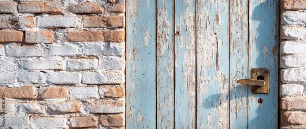 Aged Light Blue Wooden Door on a White and Brown Brick Wall. Aged Light Blue Wooden Door on a White and Brown Brick Wall.