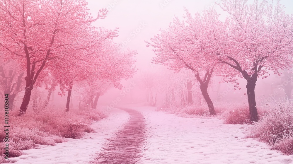 A serene pink winter wonderland with frosty trees and a peaceful snowy pathway leading through the enchanting landscape. A serene pink winter wonderland with frosty trees and a peaceful snowy pathway leading through the enchanting landscape.
