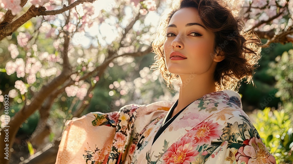 Woman in kimono amidst blooming cherry blossoms. Woman in kimono amidst blooming cherry blossoms.
