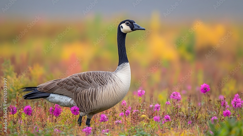 Canada goose standing in colorful wildflowers. Canada goose standing in colorful wildflowers.