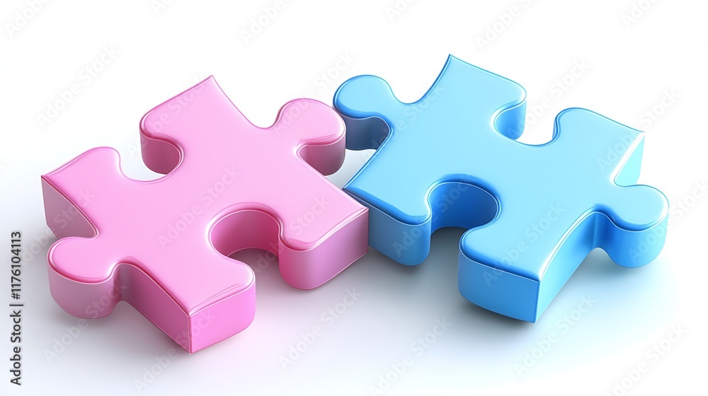 Two puzzle pieces, pink and blue, on a white background; solution, connection, unity Two puzzle pieces, pink and blue, on a white background; solution, connection, unity