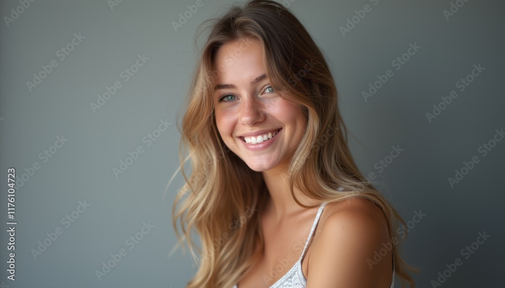 Fototapeta premium A beautiful young woman with long, flowing blonde hair beams joyfully at the camera, radiating warmth and positivity. Her sparkling blue eyes and genuine smile create an inviting atmosphere, perfect