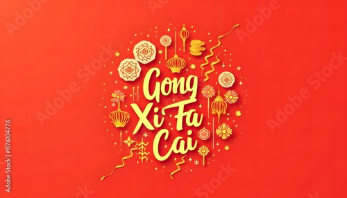 Gong Xi Fa Cai: A vibrant Chinese New Year greeting card design featuring gold and red color scheme, with traditional symbols and festive elements.
